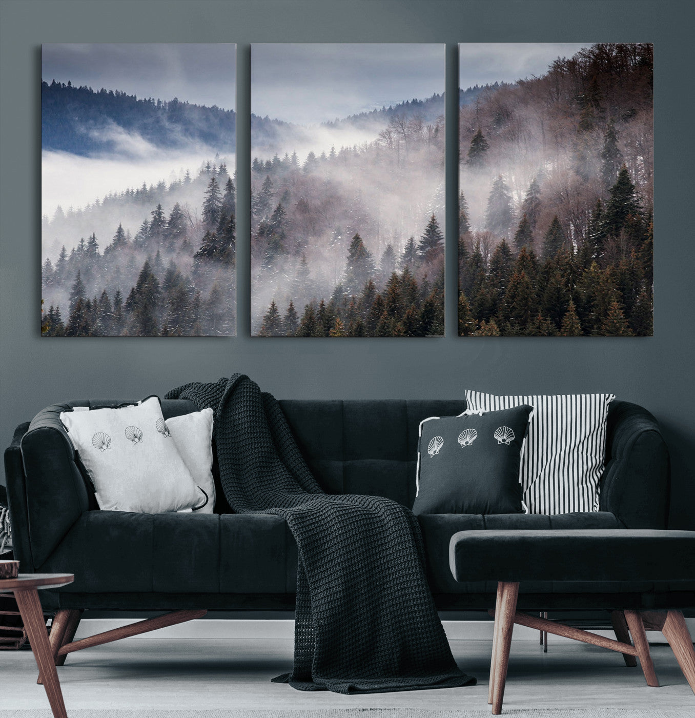 18459-MGV-CV-60X30-3P-Misty Pine Forest Wall Art – Serene Mountain Landscape Canvas Print, Tranquil Nature Artwork for Living Room, Bedroom, Cabin or