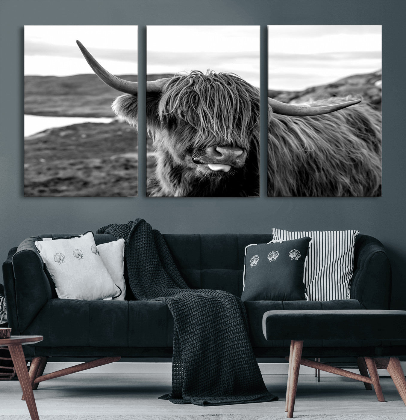 83810-MGV-CV-60X30-3P-Highland Cow Wall Art – Black and White Highland Cattle Print, Rustic Farmhouse Animal Decor for Living Room or Office