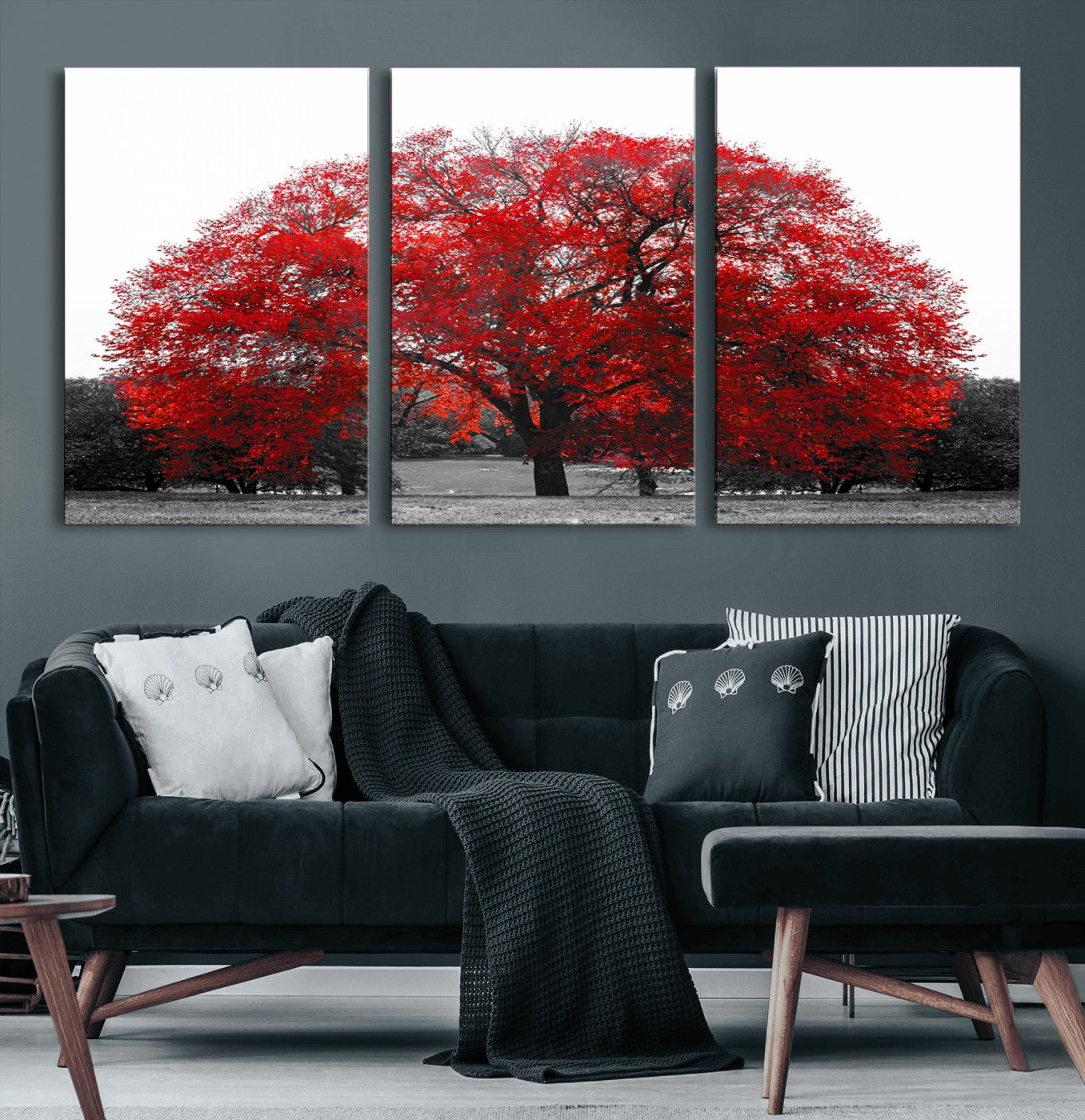 80021-MGV-CV-36X24-Red Tree Wall Art – Striking Black and White Landscape Canvas Print with Vibrant Red Leaves, Modern Nature Decor for Living Room