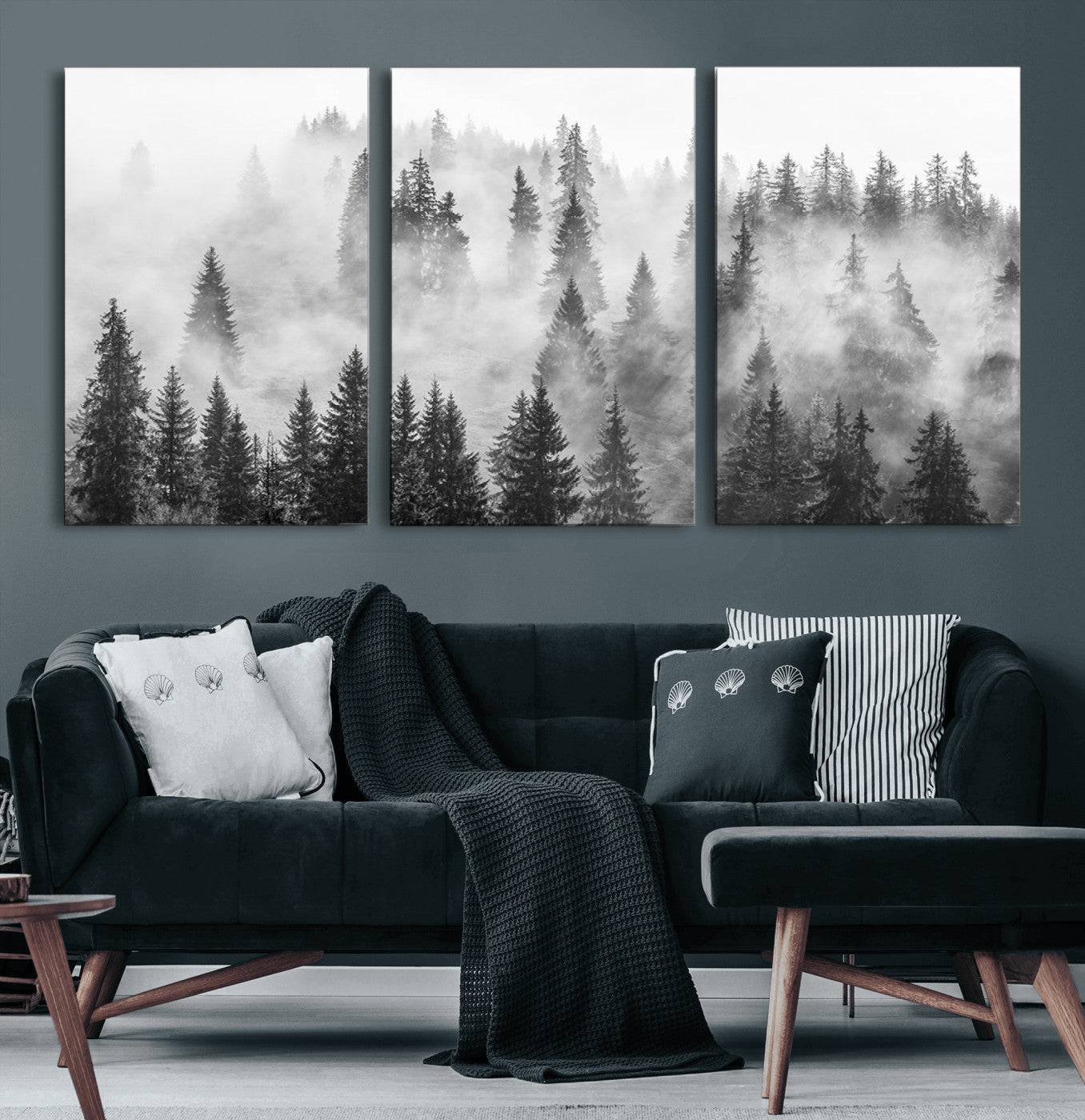 10422-MGV-CV-36X24-Misty Pine Forest Wall Art – Black and White Foggy Landscape Canvas Print, Serene Nature Woodland Decor for Bedroom, Office or