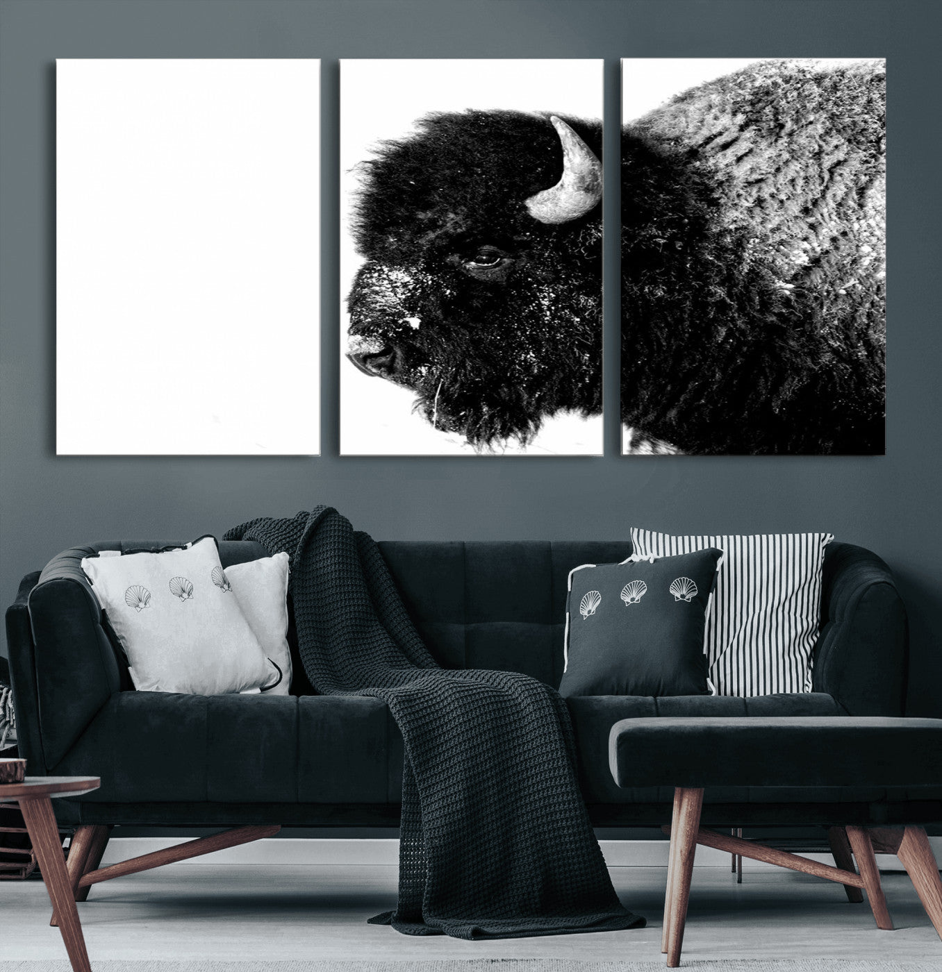 68780-MGV-CV-60X30-3P-Bison Close-Up Wall Art – Black and White Buffalo Canvas Print, Rustic Wildlife Photography Decor for Living Room, Office, or
