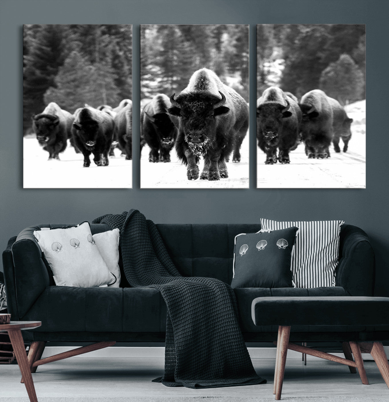 62434-MGV-CV-60X30-3P-Bison Herd Wall Art – Majestic Black and White Buffalo Canvas Print, Wildlife Nature Photography Decor for Living Room, Office or