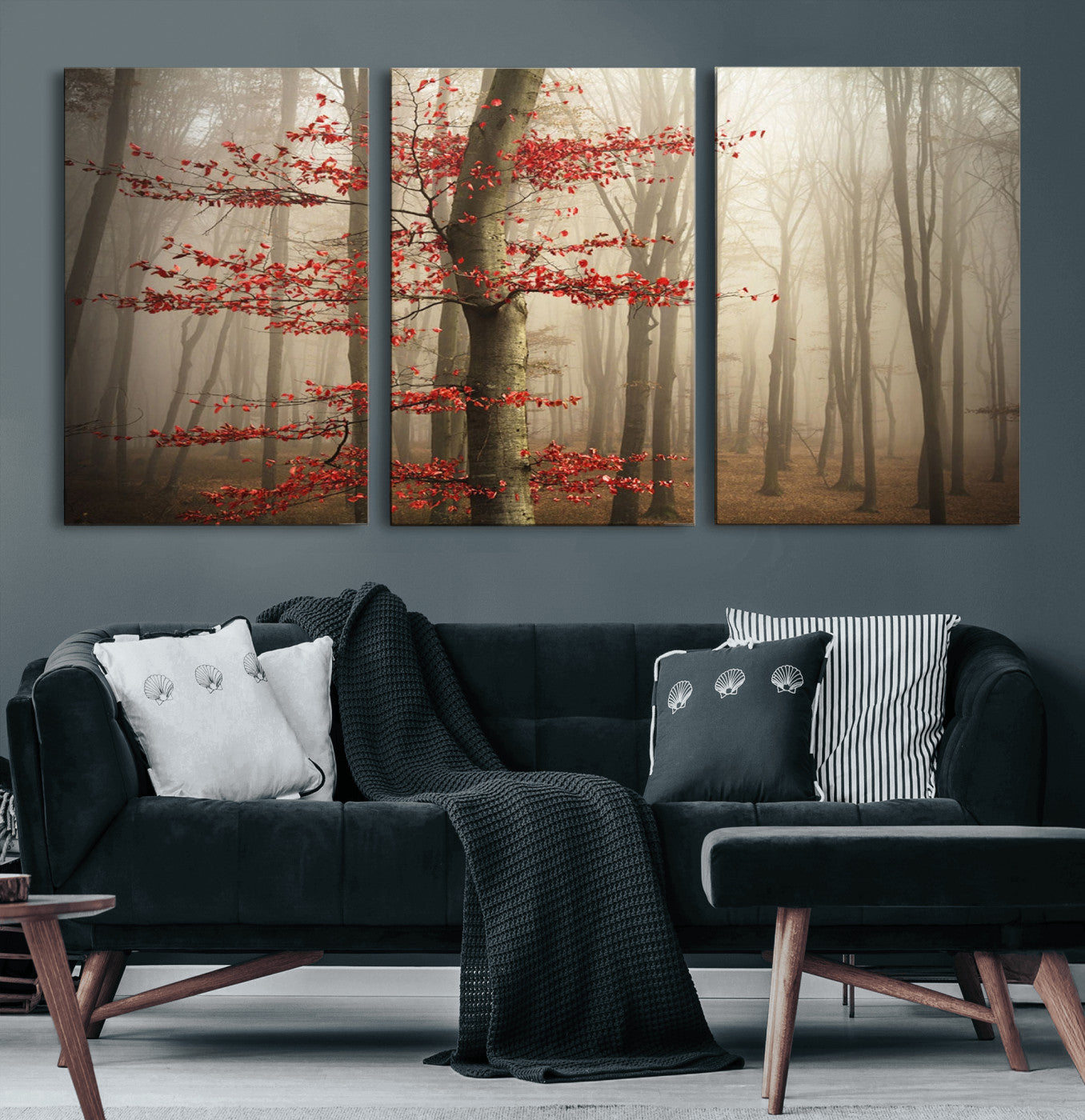 61855-MGV-CV-60X30-3P-Misty Forest Wall Art – Red Tree with Autumn Leaves Canvas Print, Moody Woodland Nature Decor for Living Room, Bedroom, or Office