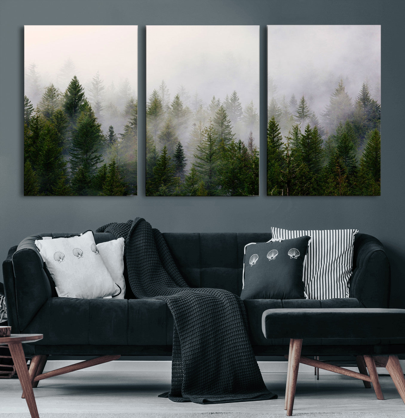 11436-MGV-CV-36X24-Misty Forest Wall Art – Tranquil Evergreen Tree Canvas Print with Foggy Landscape, Nature Inspired Artwork for Bedroom, Living