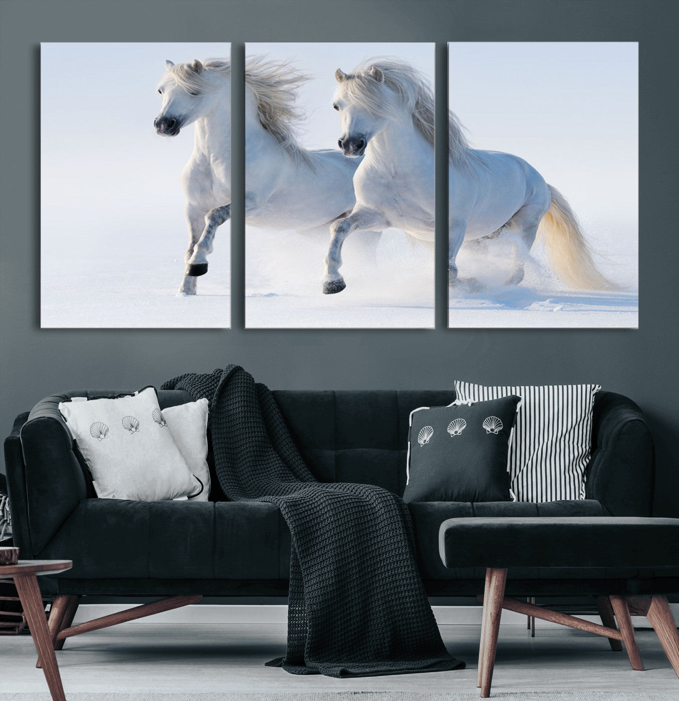 80145-MGV-CV-36X24-White Horses Running Snow Wall Art – Majestic Equine Canvas Print, Winter Nature Photography Decor for Living Room, Office,