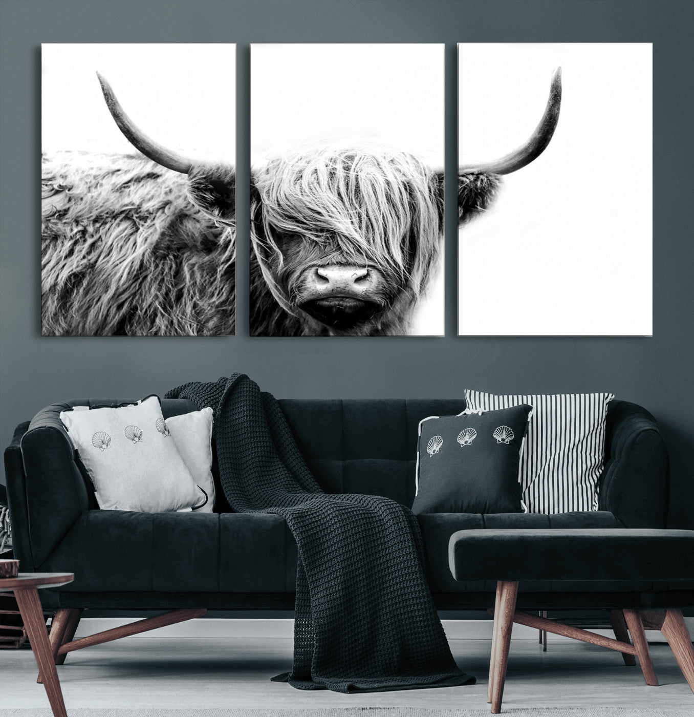 51957-MGV-CV-36X24-Highland Cow Wall Art – Black and White Scottish Highland Bull Canvas Print, Rustic Farmhouse Animal Decor for Living Room,