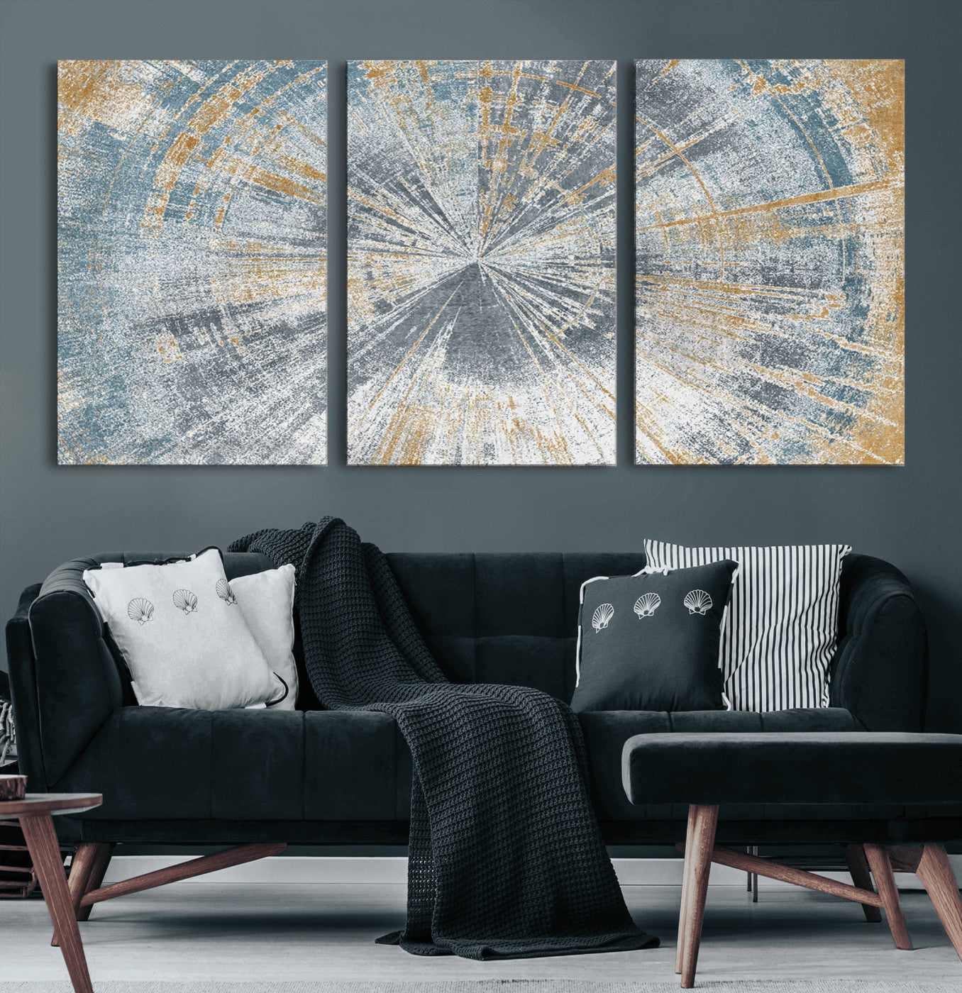 17631-MGV-CV-36X24-Radiant Burst Wall Art – Abstract Sunburst Canvas Print in Blue and Gold, Modern Geometric Painting for Living Room, Office or