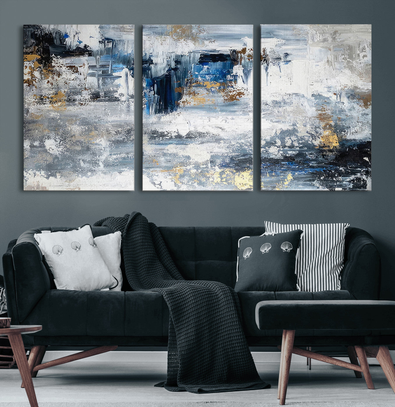 59716-MGV-CV-60X30-3P-Abstract Blue and Gold Wall Art – Modern Textured Canvas Print, Contemporary Painting for Living Room, Bedroom, or Office Decor