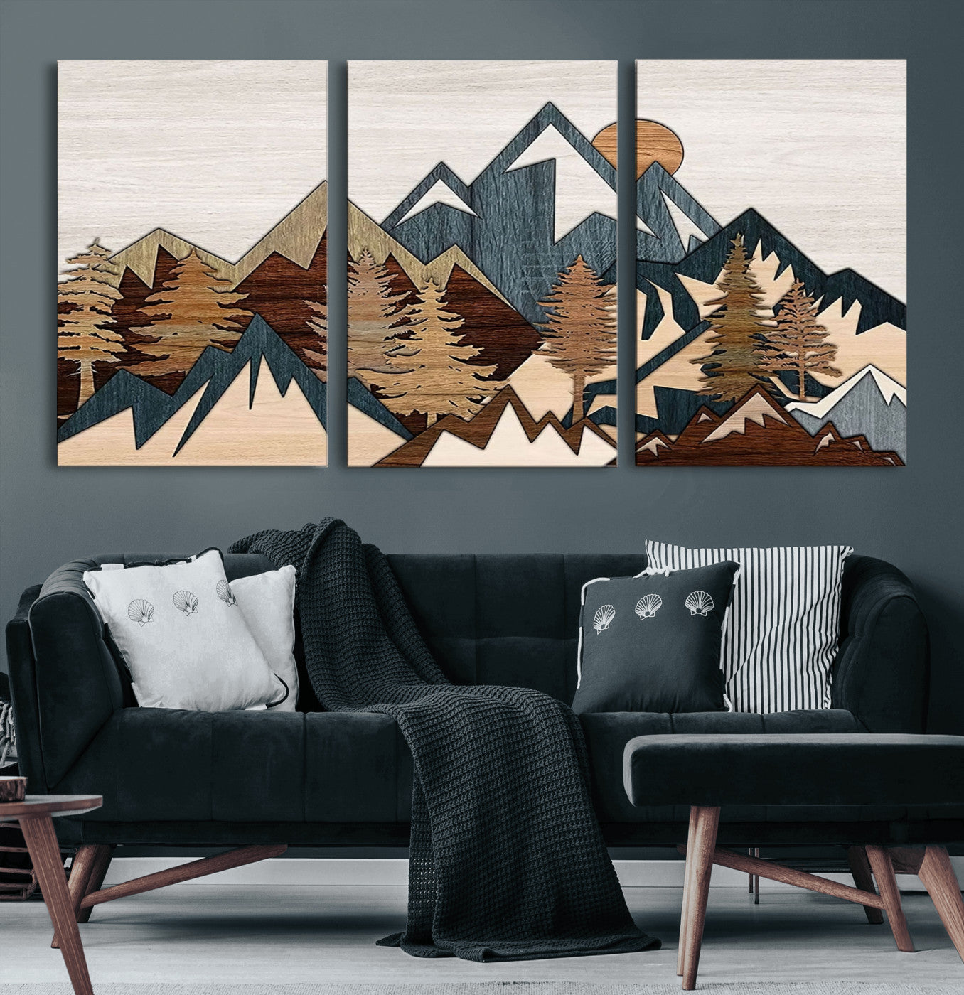 67950-MGV-CV-60X30-3P-Modern Wood Wall Art Canvas Print, Framed Mountain Range Art Picture Print, Wood Mountain Range Perfect Rustic Decor Artwork