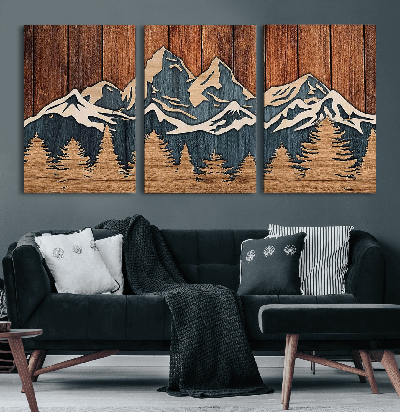 41330-MGV-CV-36X24-Rustic Mountain Wall Art – Wooden Nature Scene with Trees and Peaks, Handmade 3D Layered Decor for Living Room, Cabin or Office