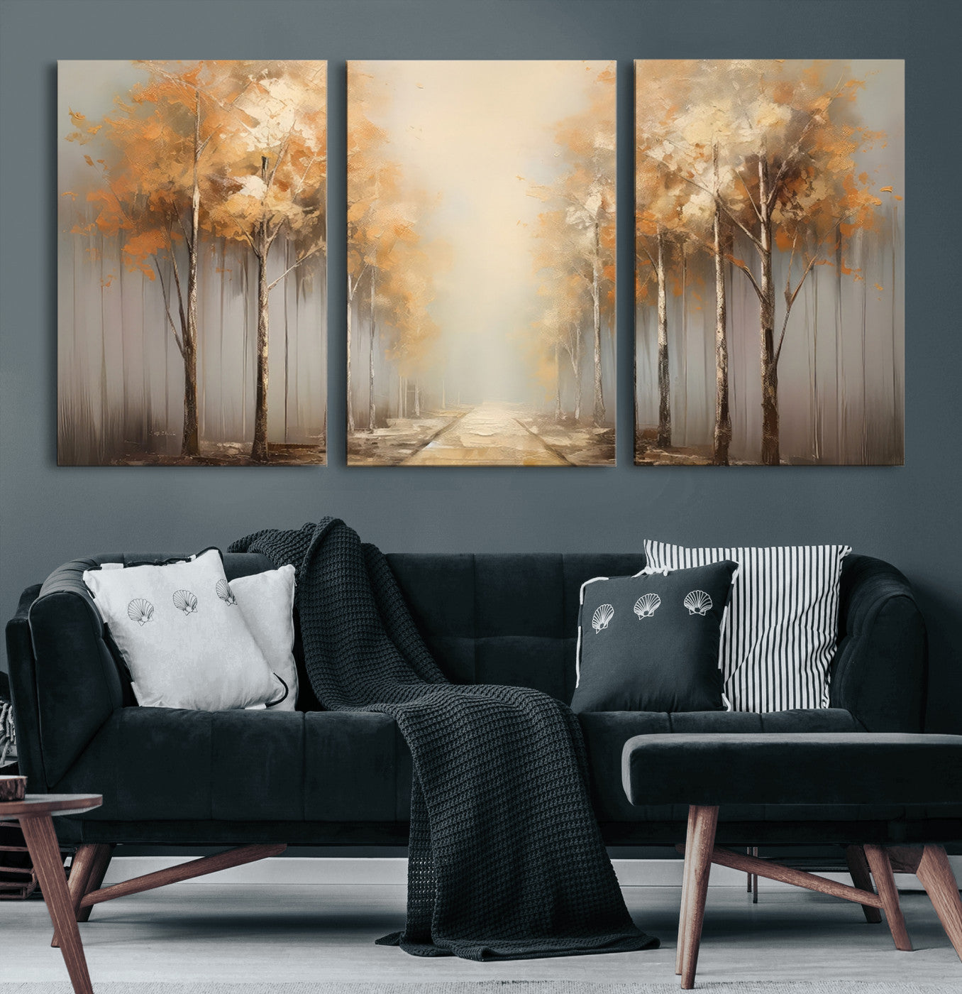 95004-MGV-CV-60X30-3P-Autumn Forest Path Wall Art – Hand Painted Canvas Print with Golden Trees, Modern Nature Landscape Decor for Living Room, Bedroom