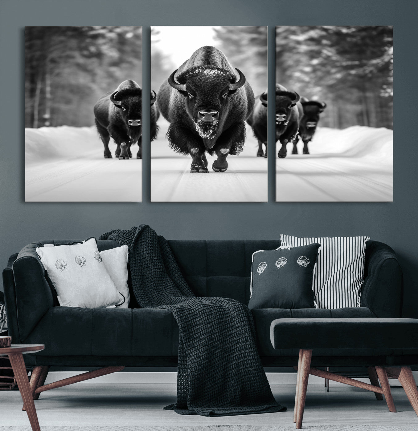 45287-MGV-CV-60X30-3P-Bison Herd Wall Art – Black and White Buffalo Snow Road Canvas Print, Rustic Wildlife Decor for Cabin, Lodge or Living Room