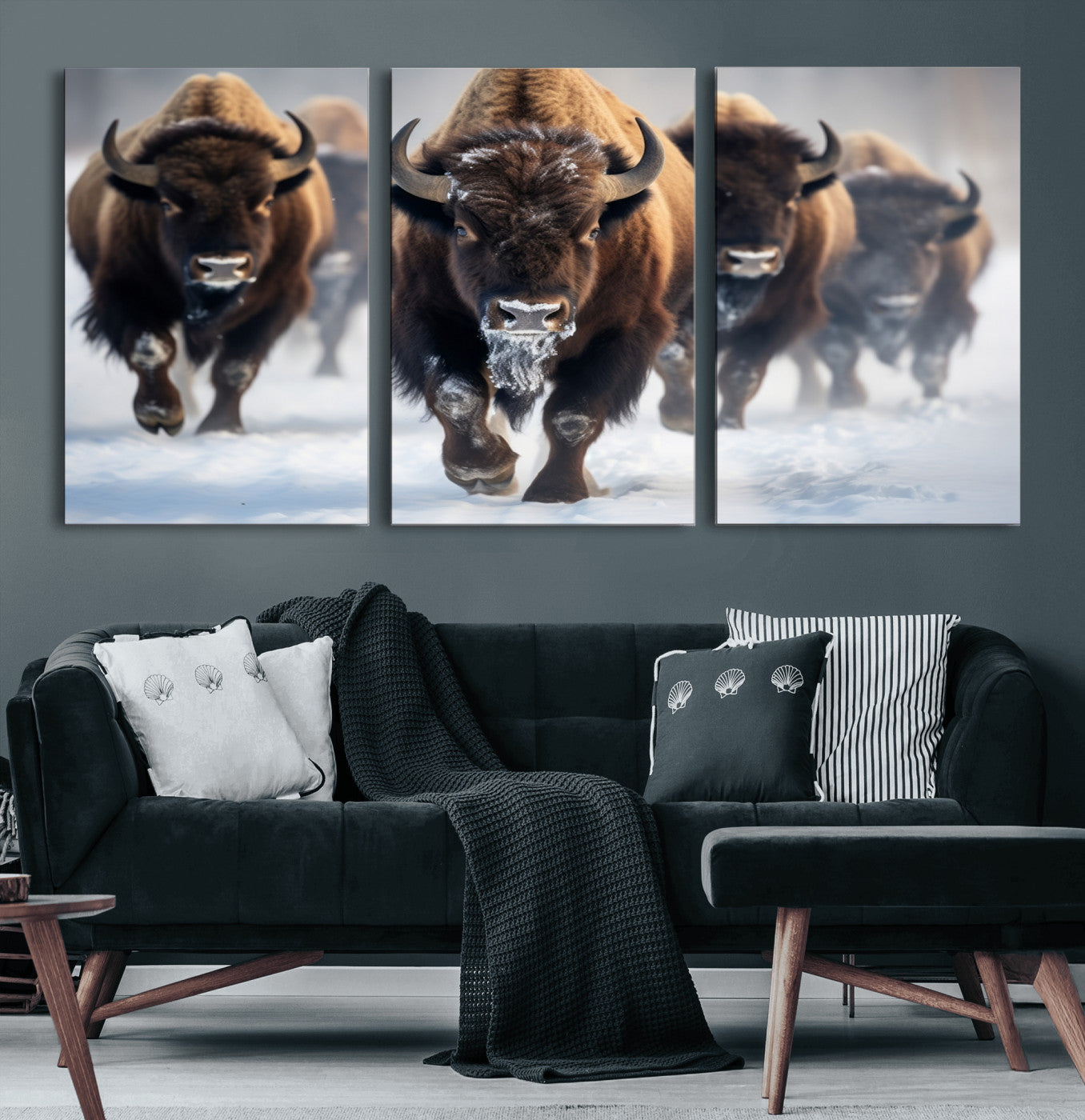 80512-MGV-CV-36X24-Bison Herd Wall Art – Buffalo Running in Snow Canvas Print, Rustic Wildlife Photography Decor for Cabin, Lodge, or Living Room