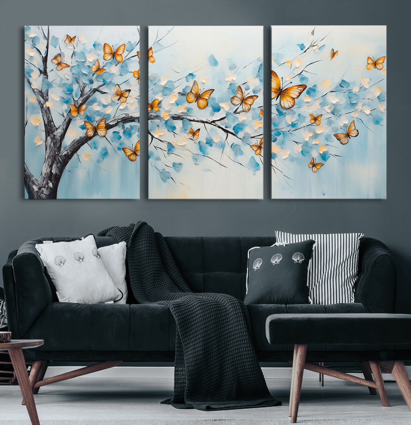 59455-MGV-CV-60X30-3P-Butterfly Tree Branch Wall Art – Blue and Yellow Abstract Canvas Print, Modern Nature Artwork for Living Room, Bedroom or Office