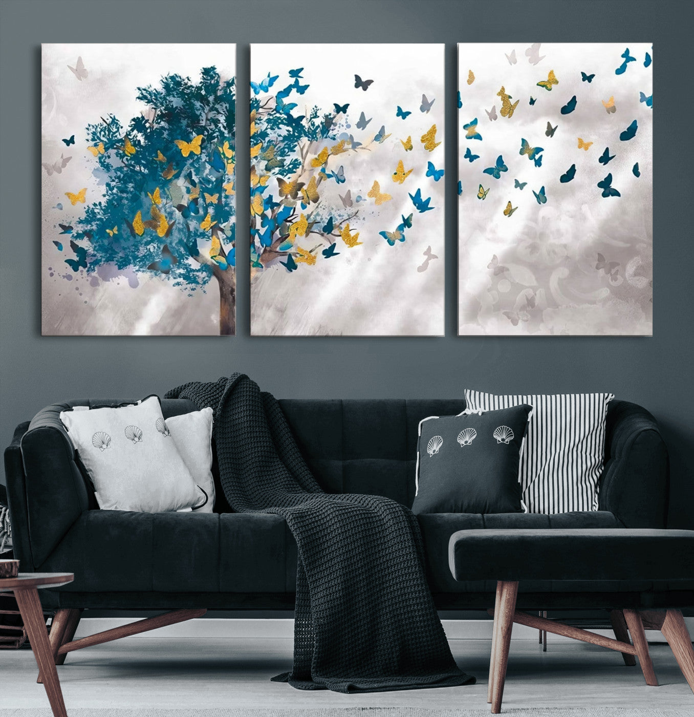 37564-MGV-CV-60X30-3P-Butterfly Tree Wall Art – Modern Nature Canvas Print with Blue and Golden Butterflies, Elegant Decorative Painting for Living Room