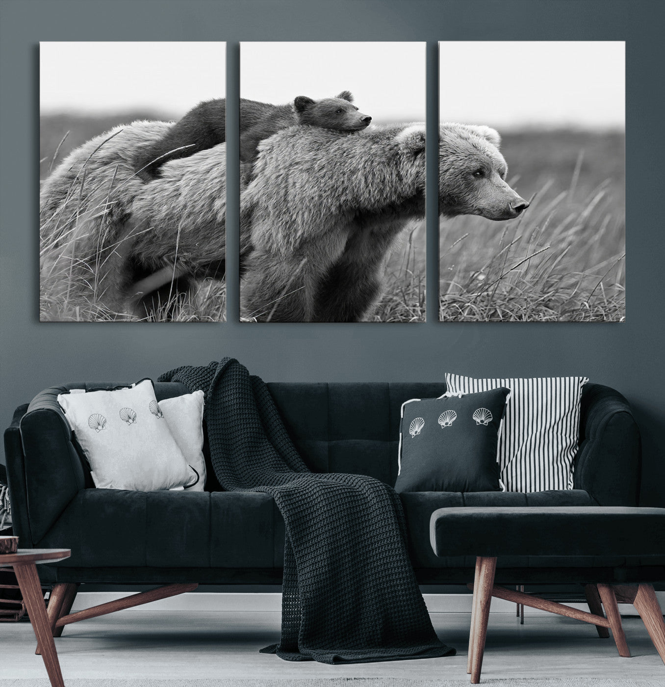 76338-MGV-CV-60X30-3P-Mother Bear and Cub Wall Art – Black and White Wildlife Canvas Print, Rustic Nature Photography for Cabin, Living Room or Office
