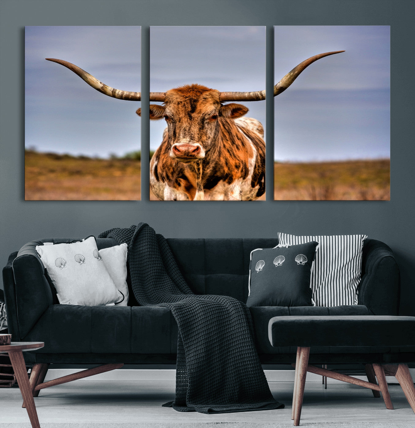 18594-MGV-CV-60X30-3P-Texas Longhorn Bull Wall Art – Rustic Western Cattle Canvas Print, Country Farmhouse Decor for Living Room, Office or Cabin