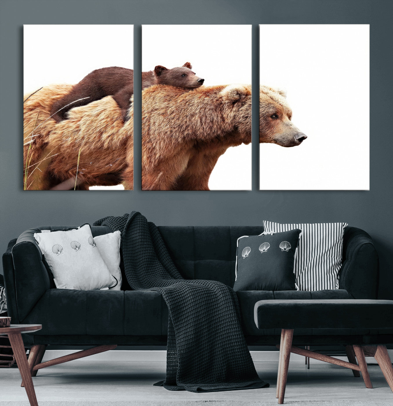 76943-MGV-CV-60X30-3P-Mom Bear Wall Art Canvas Print, Framed Bear Photography Art Picture Print, Rustic Bear and Cub Perfect Rustic Farmhouse Decor