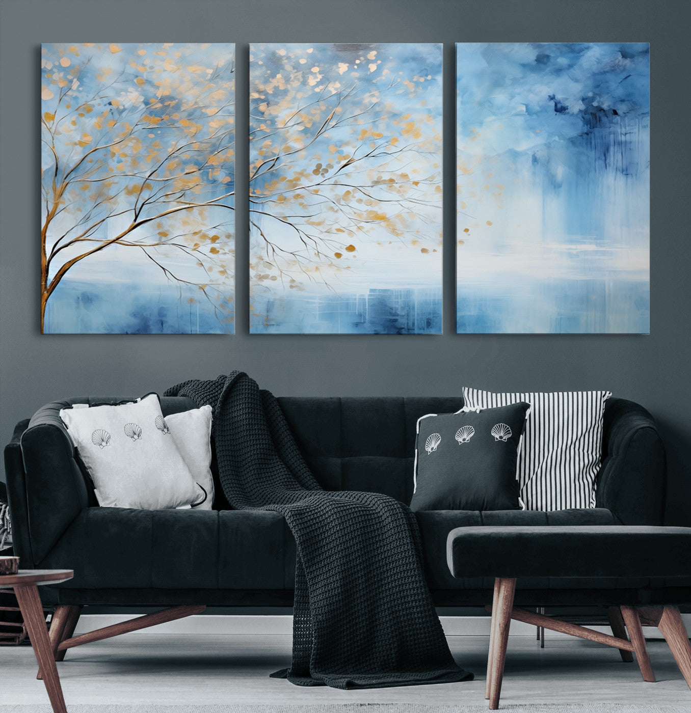 23891-MGV-CV-60X30-3P-Abstract Tree Wall Art – Minimalist Blue and Gold Canvas Painting, Elegant Nature-Inspired Artwork for Living Room, Bedroom or