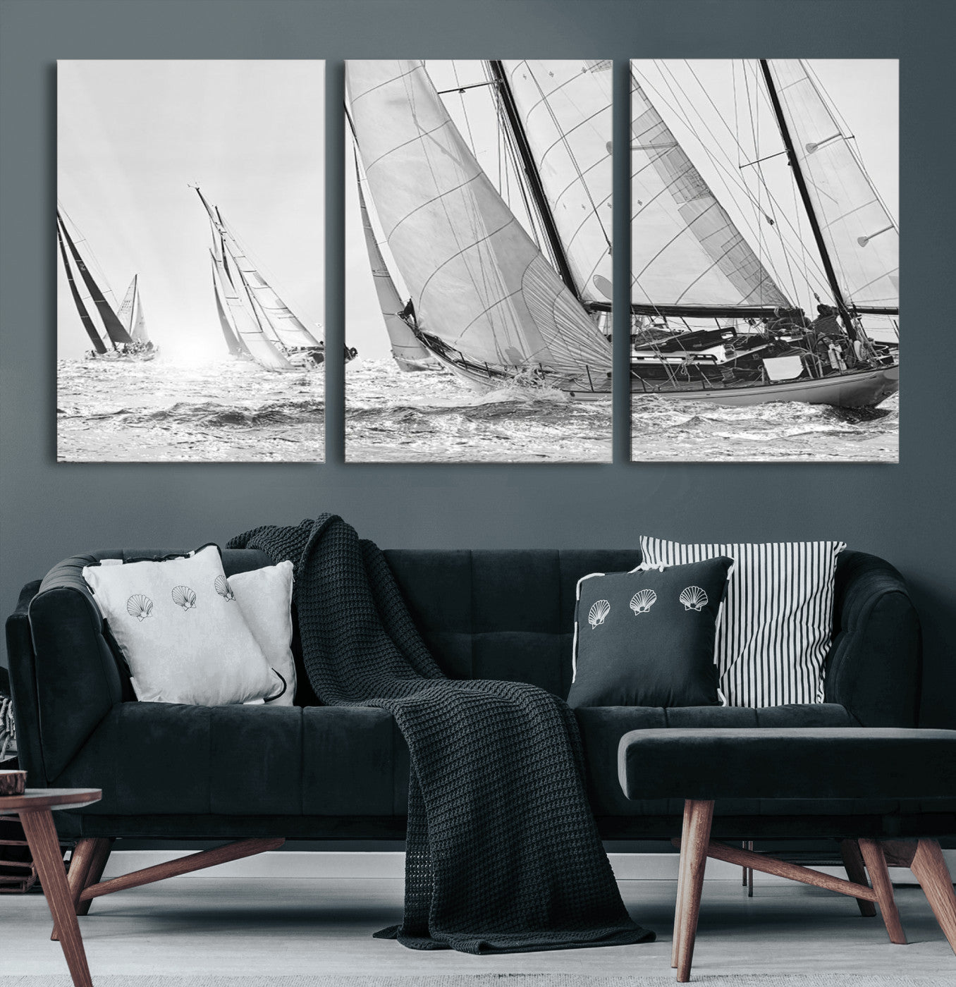 Boat-1-MGV-CV-60X30-3P-Sailboat Racing Wall Art – Nautical Black and White Canvas Print, Ocean Adventure Decor for Office, Living Room or Bedroom
