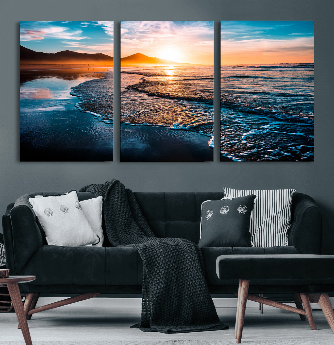 26494-MGV-CV-60X30-3P-Ocean Sunset Wall Art – Scenic Beach Canvas Print with Waves and Mountains, Coastal Seascape Photography for Living Room, Bedroom