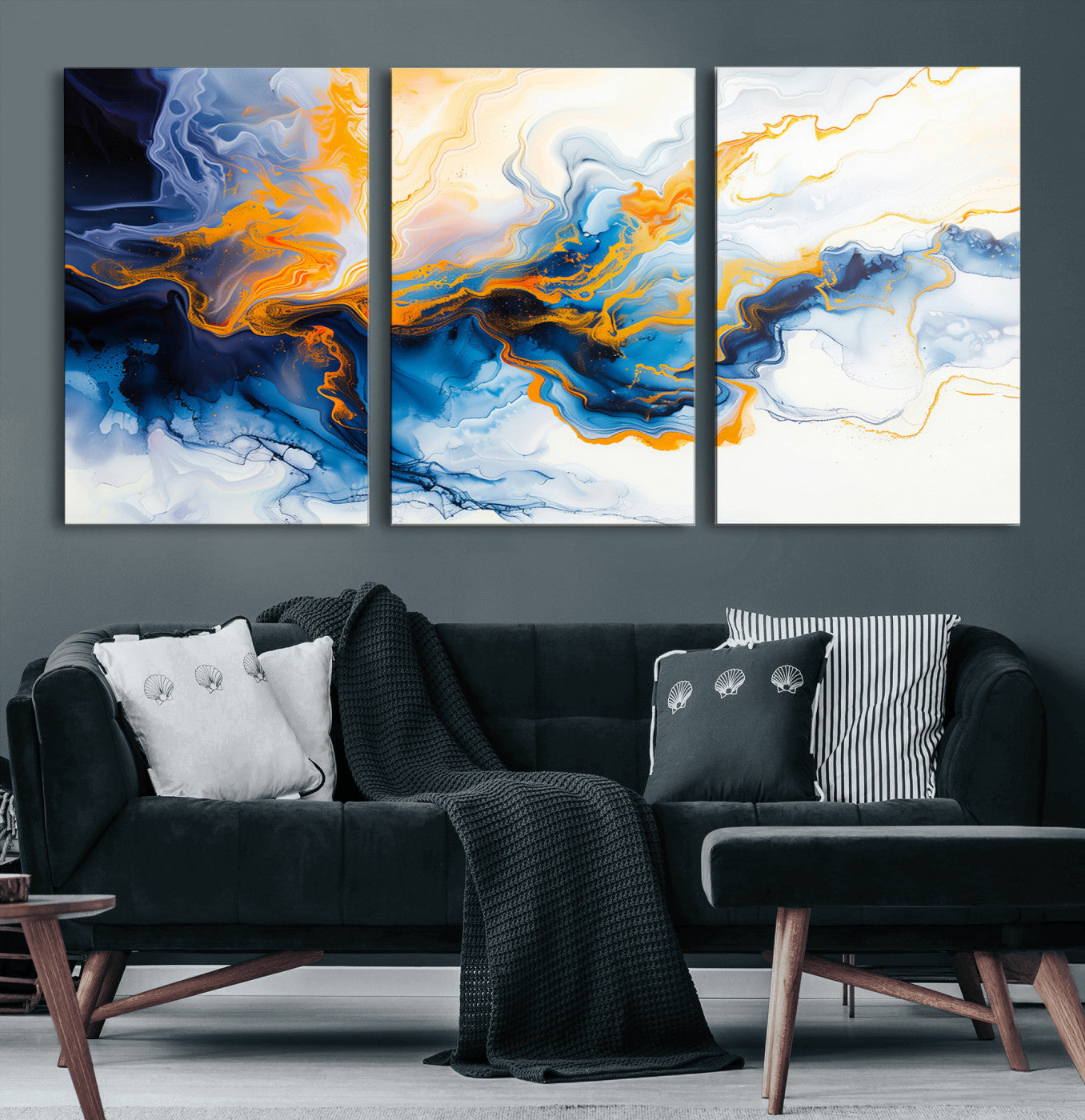 83720-MGV-CV-60X30-3P-Abstract Fluid Wall Art – Blue, White and Gold Swirl Canvas Painting, Modern Contemporary Artwork for Living Room, Bedroom or