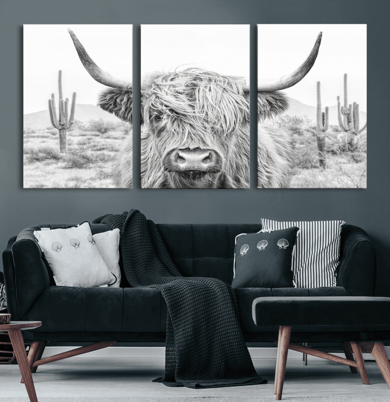 94579-MGV-CV-60X30-3P-Highland Cow Wall Art – Black and White Longhorn Canvas Print, Rustic Western Farmhouse Animal Photography for Living Room,