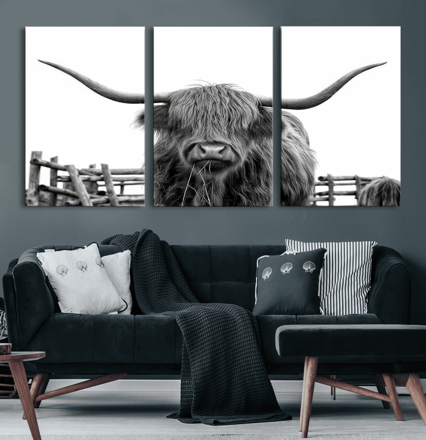 58188-MGV-CV-60X30-3P-Highland Cow Wall Art – Black and White Rustic Farmhouse Canvas Print, Longhorn Cattle Photography Decor for Living Room or
