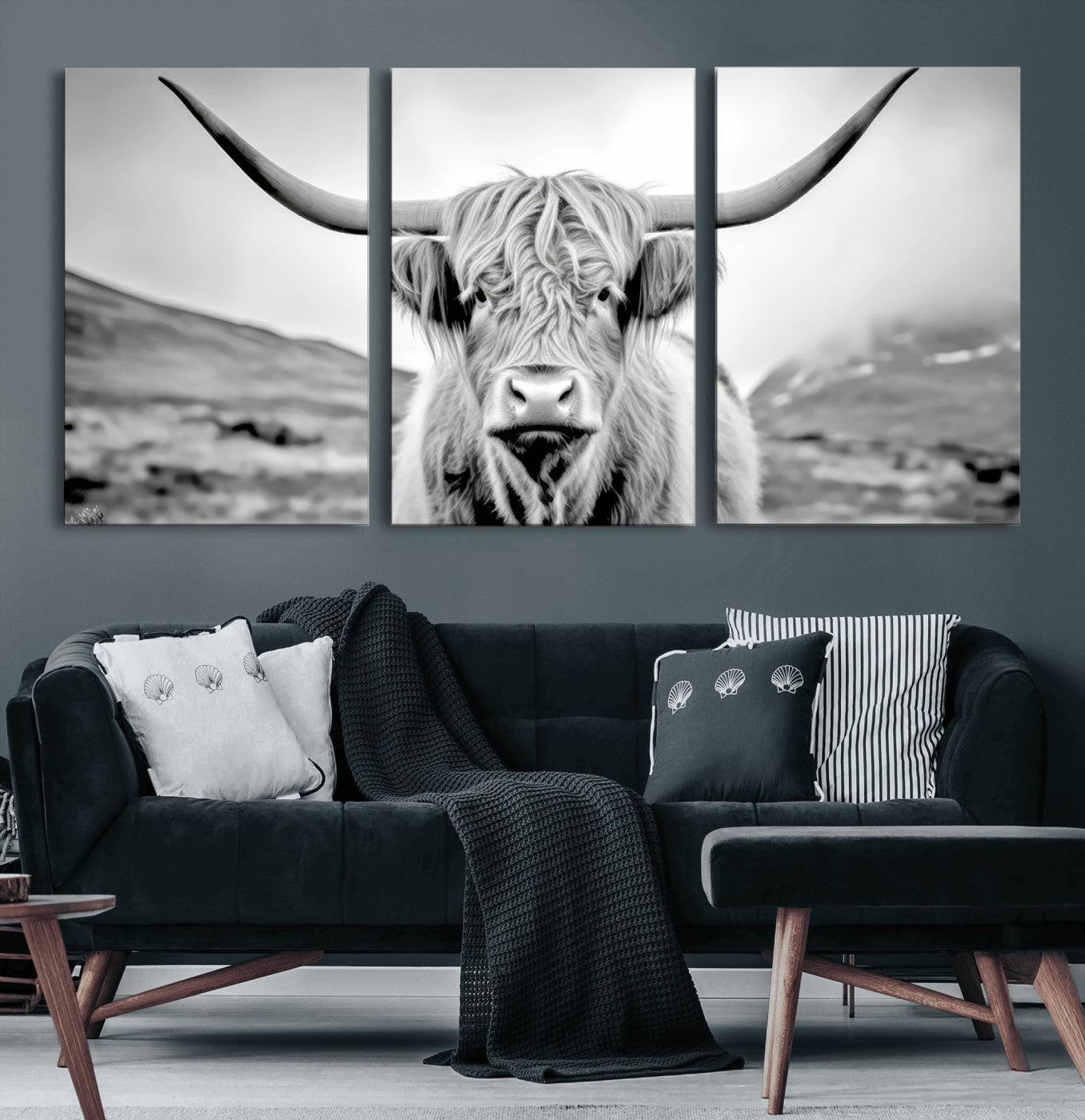80564-MGV-CV-36X24-Highland Cow Wall Art – Black and White Scottish Highland Canvas Print, Rustic Farmhouse Decor for Living Room, Bedroom or Office