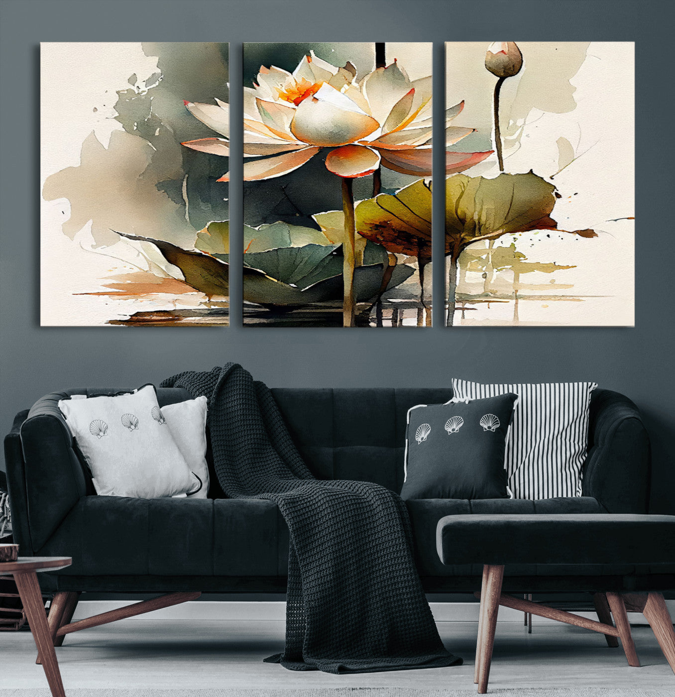 62531-MGV-CV-60X30-3P-Lotus Flower Wall Art – Watercolor Botanical Canvas Print, Tranquil Nature Artwork for Living Room, Bedroom or Meditation Space