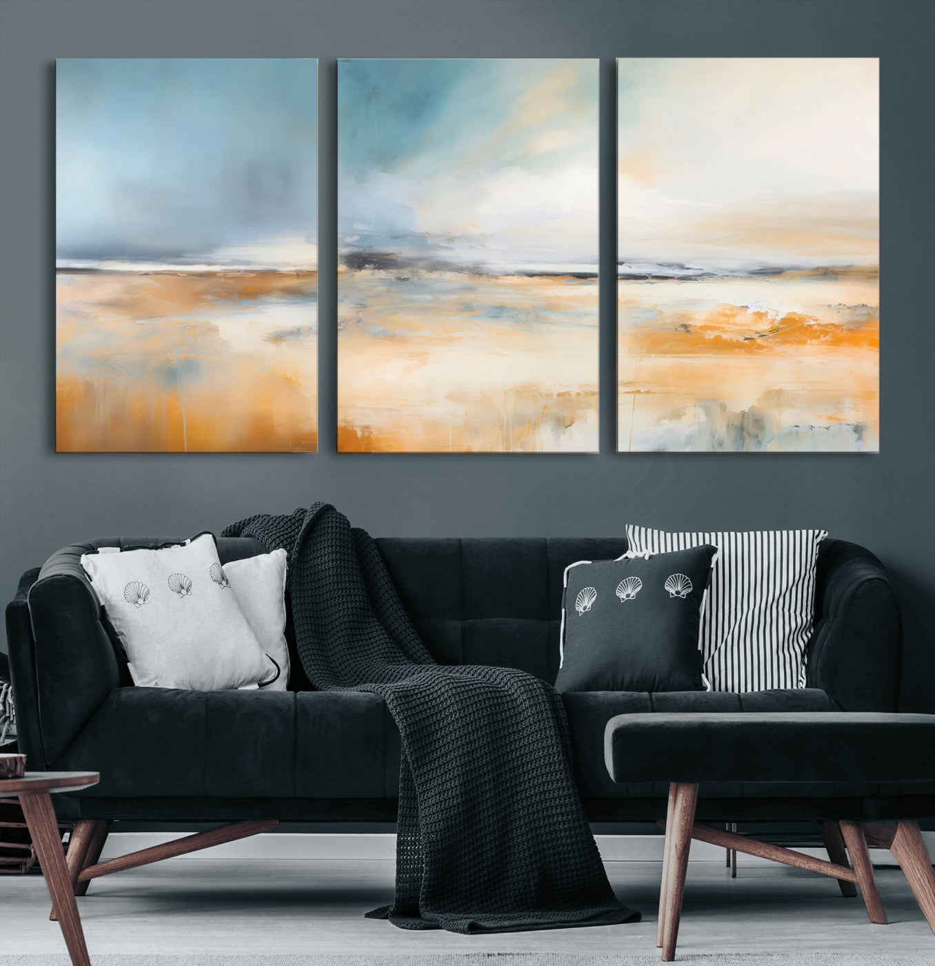 92764-MGV-CV-60X30-3P-Abstract Landscape Wall Art – Modern Blue and Orange Canvas Print, Large Minimalist Painting for Living Room, Bedroom, Office or