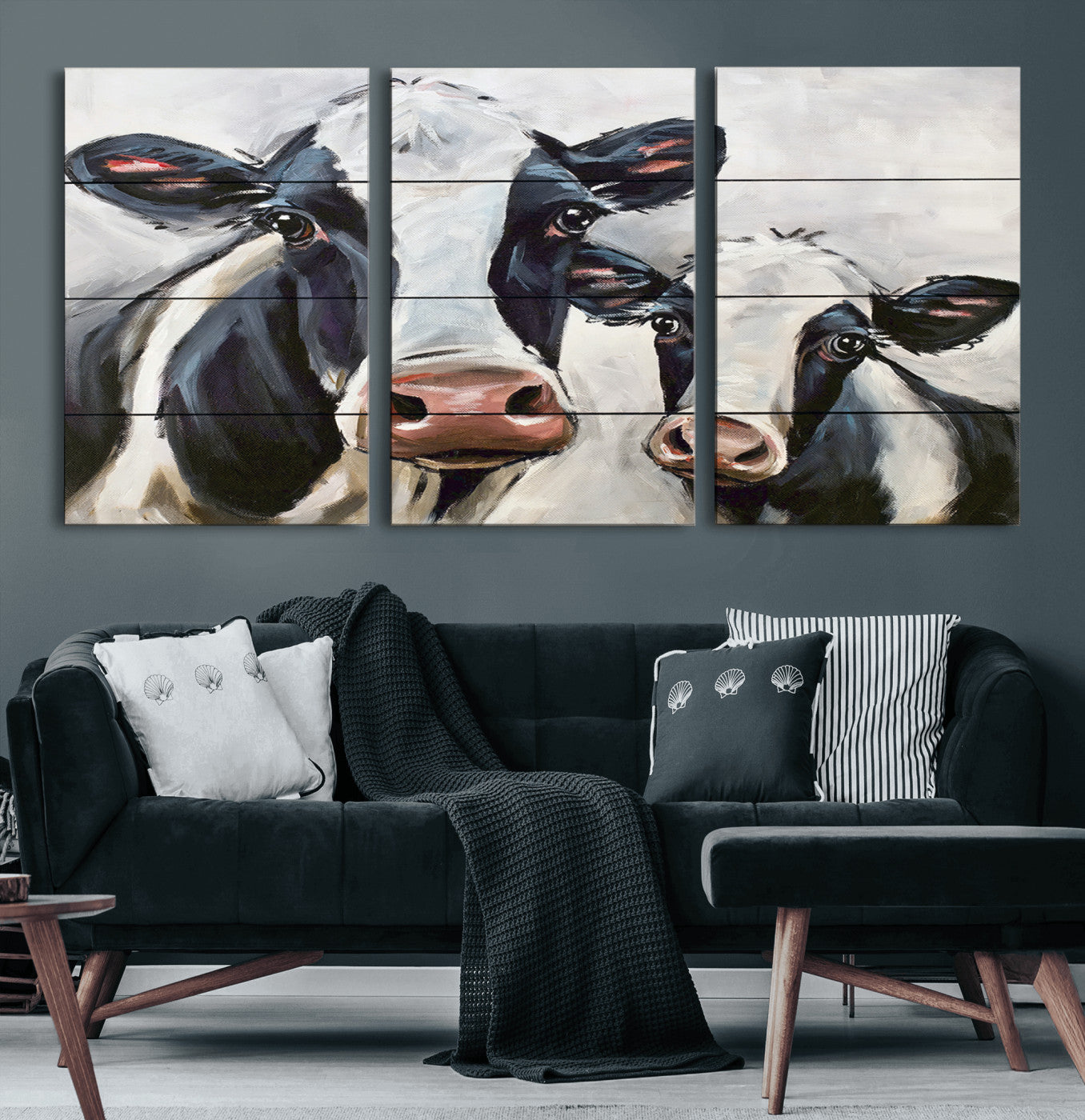 28934-MGV-CV-60X30-3P-Farmhouse Cow Wall Art – Rustic Black and White Dairy Cattle Canvas Print, Country Barn Animal Painting for Kitchen, Living Room