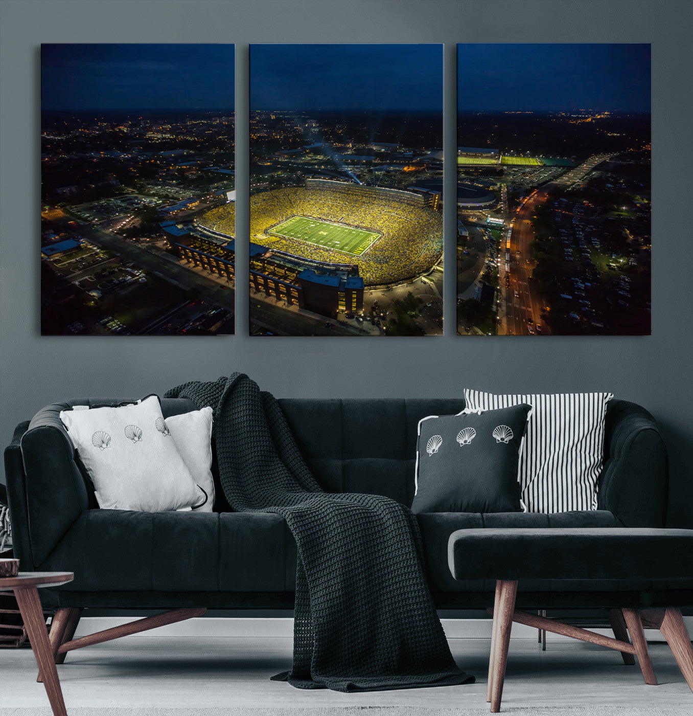 33588-MGV-CV-36X24-Football Stadium Wall Art – Aerial Night Game Canvas Print Packed Field City Lights, Sports Photography Decor for Game Room, Man