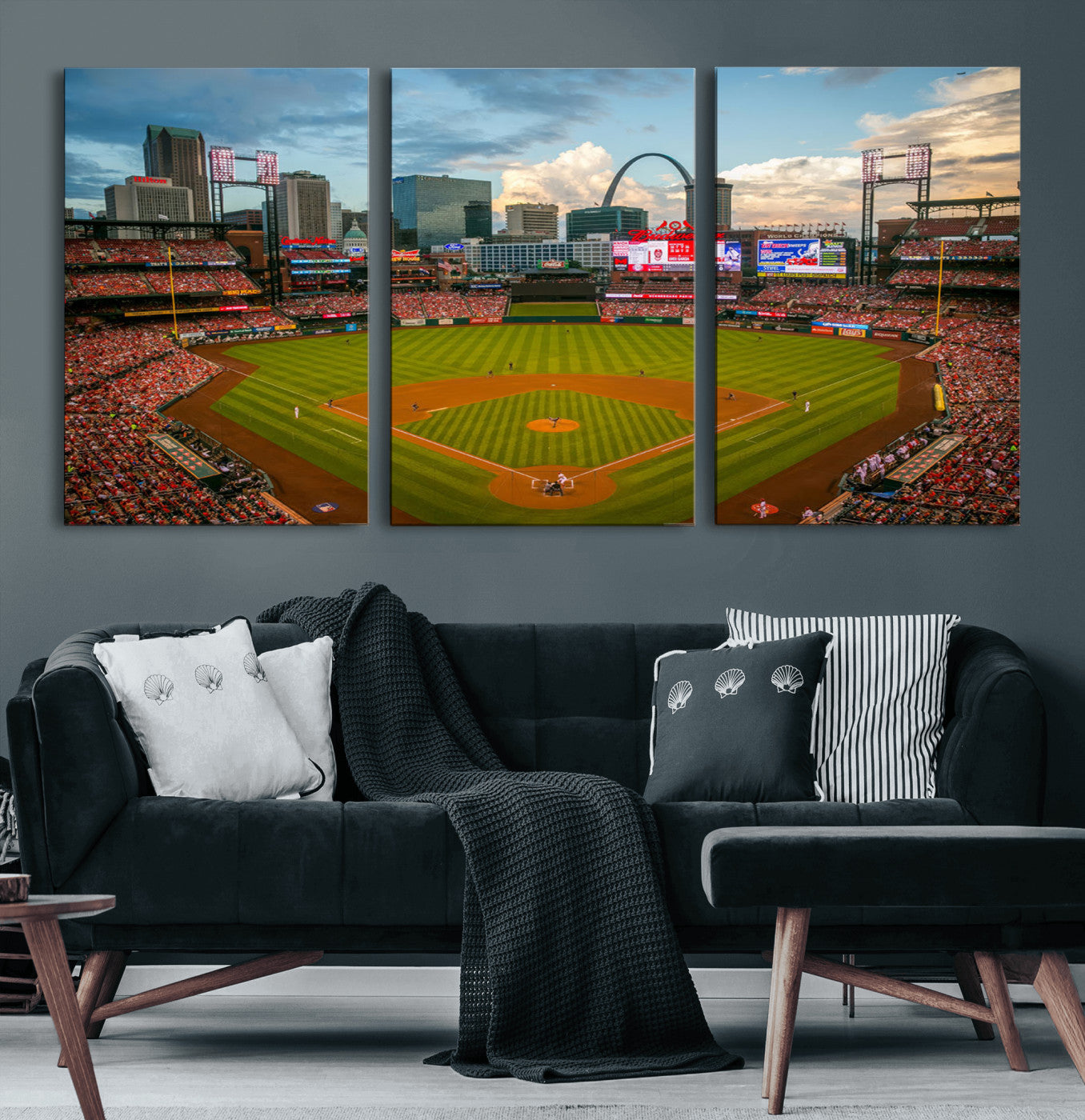91908-MGV-CV-36X24-Baseball Stadium Wall Art – Canvas Print Game Day Field City Skyline Iconic Arch Scene Sports Photography, Decor for Game Room,