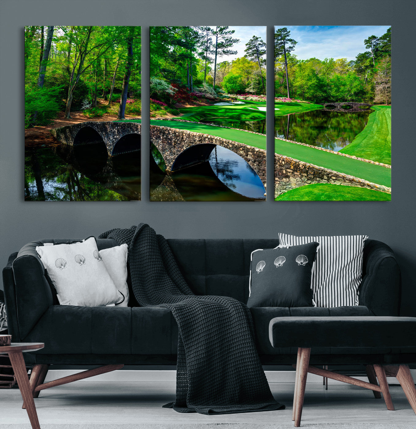 57655-MGV-CV-60X30-3P-Golf Course Wall Art – Canvas Print Scenic Green Fairway Stone Bridge Water Reflection Landscape, Classic Sports Decor for Office,
