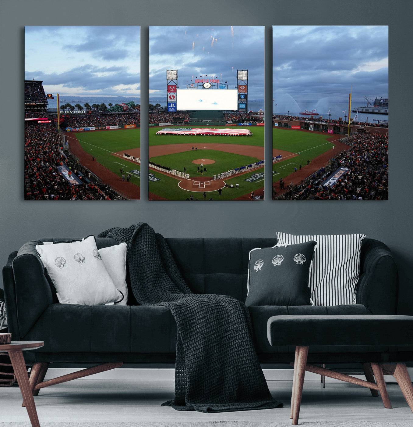 44631-MGV-CV-60X30-3P-Oracle Park Stadium Wall Art Canvas Print, Framed San Francisco Giants Art Picture Print, Giants Stadium Field Perfect Sports Room