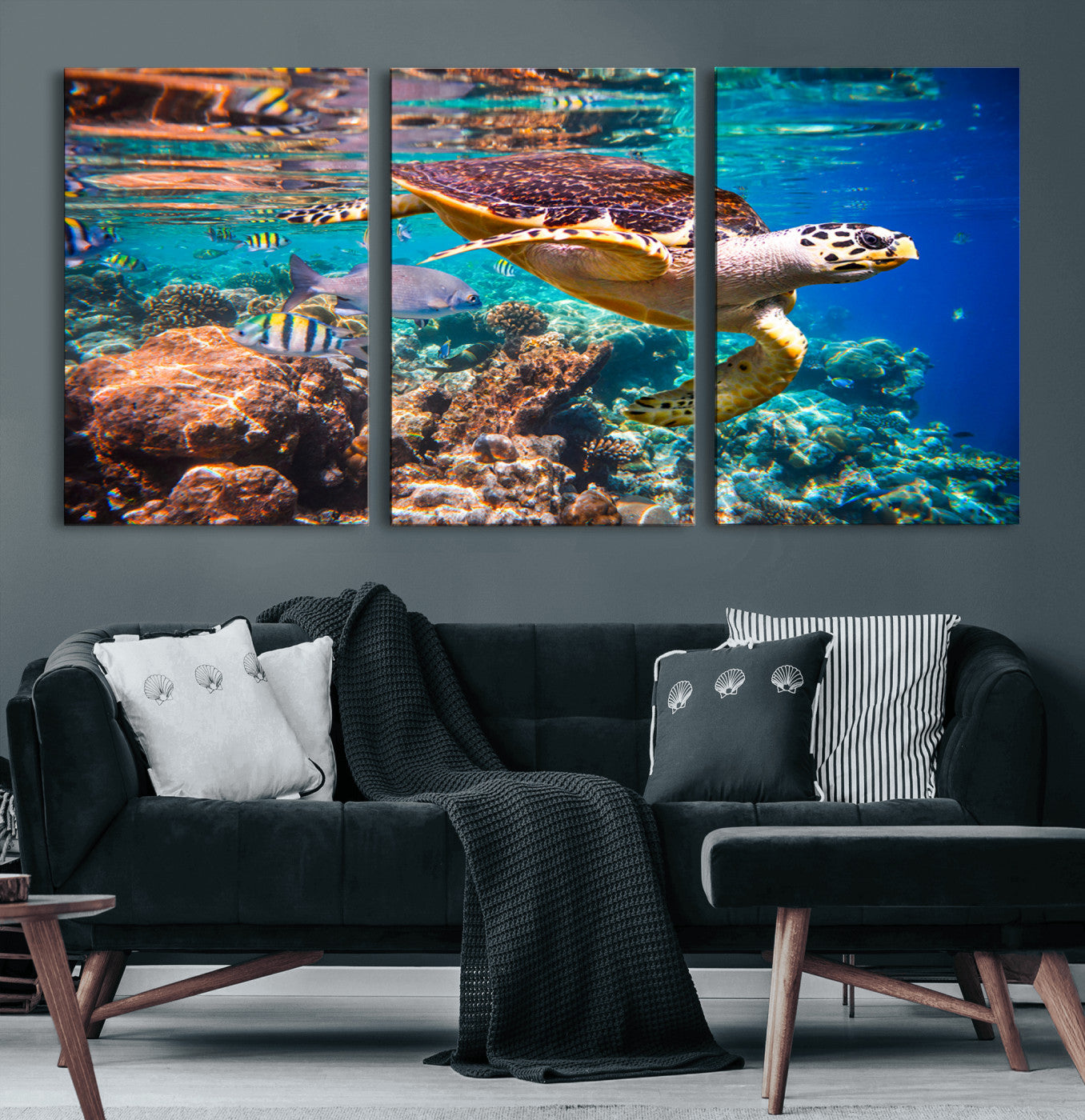 66614-MGV-CV-60X30-3P-Sea Turtle Wall Art – Hawksbill Turtle Swimming Over Coral Reef Canvas Print, Ocean Marine Life Decor for Beach House, Coastal