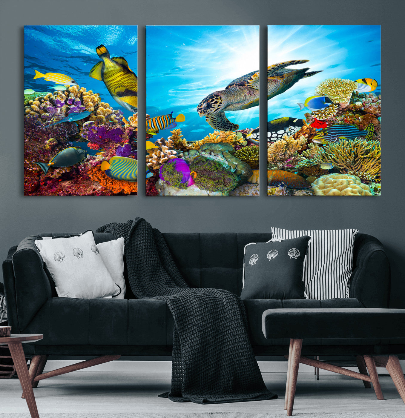 44772-MGV-CV-60X30-3P-Underwater Sea Turtle Wall Art – Vibrant Coral Reef and Tropical Fish Canvas Print, Ocean Marine Life Decor for Living Room,