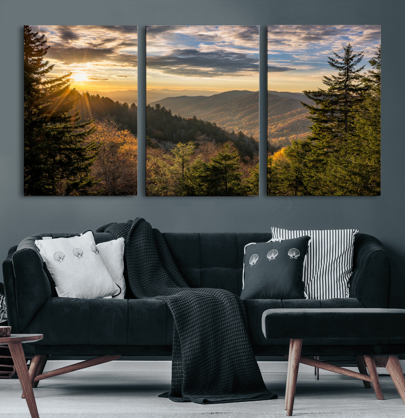 73692479-MGV-CV-60X30-3P-Smoky Mountains Wall Art Canvas Print, Framed Forest Mountain Art Picture Print, Spring Mountain Perfect Spring Style Decor