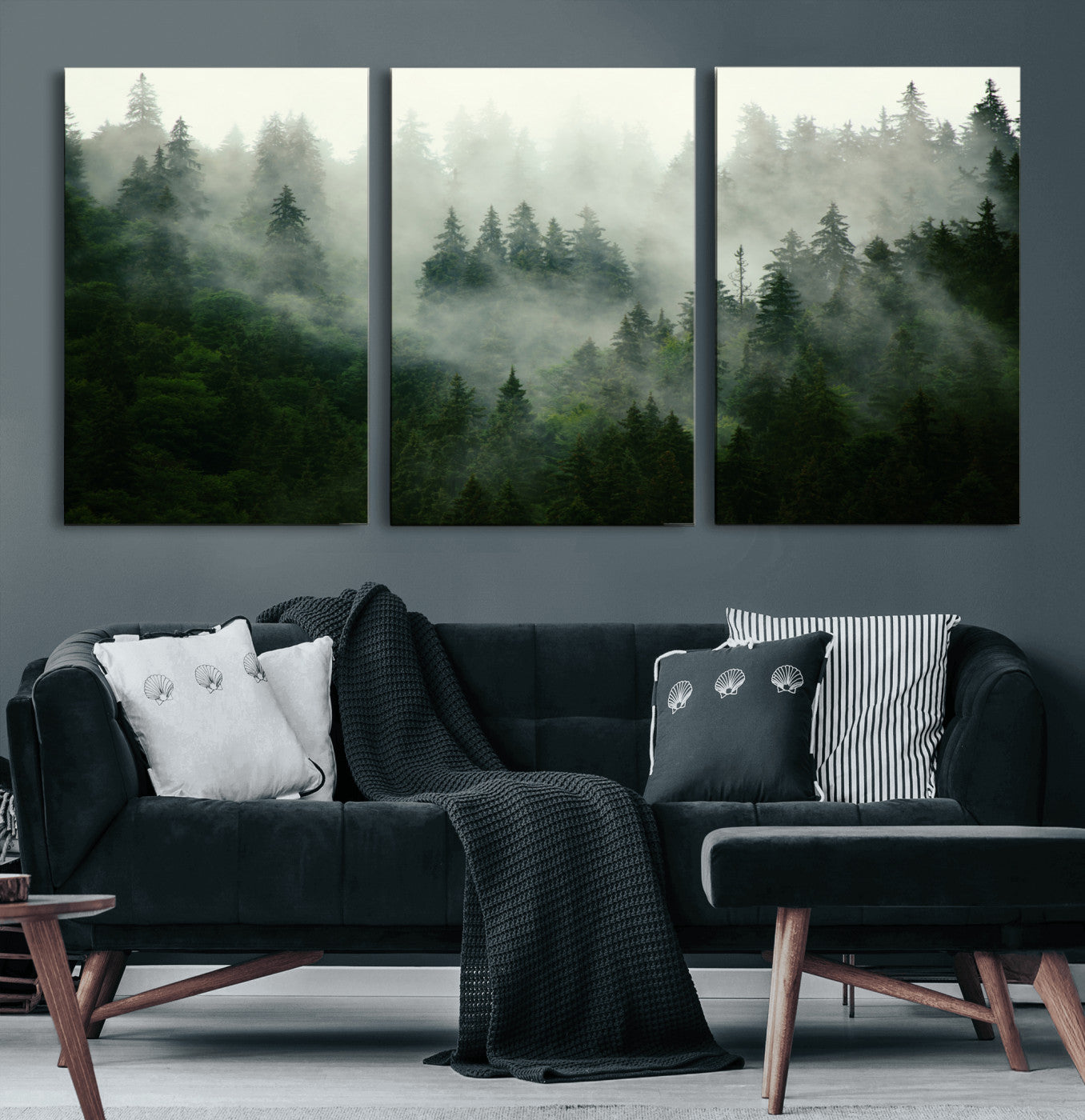167720496-MGV-CV-60X30-3P-Misty Forest Wall Art – Serene Evergreen Trees Canvas Print, Foggy Mountain Nature Landscape Decor for Bedroom, Living Room or