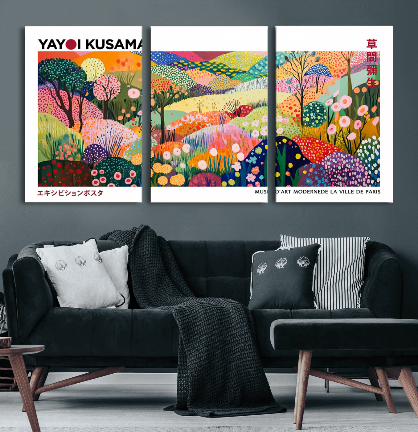 75201-MGV-CV-60X30-3P-Yayoi Kusama Floral Wall Art – Vibrant Abstract Landscape Canvas Print, Modern Pop Art Poster for Living Room, Bedroom, or Gallery