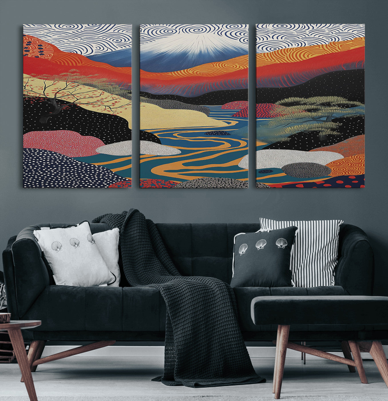32131-MGV-CV-36X24-Japanese Mount Fuji Wall Art – Abstract Landscape Canvas Print with Swirling Sky & River, Modern Minimalist Asian Inspired Poster