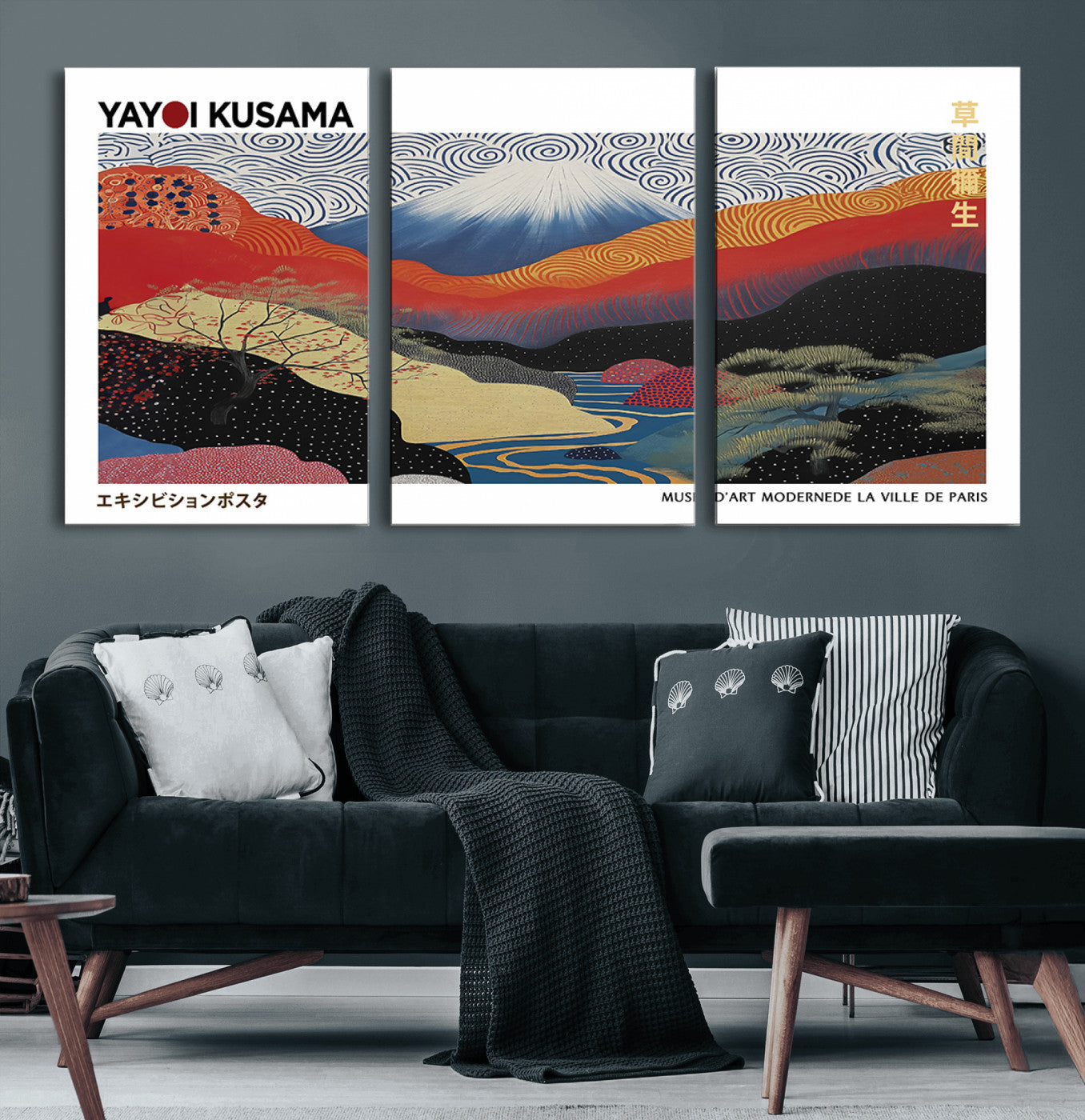 14839-MGV-CV-36X24-Yayoi Kusama Wall Art – Panoramic Mountain & River Canvas Print, Modern Abstract Japanese Landscape Decor for Living Room or