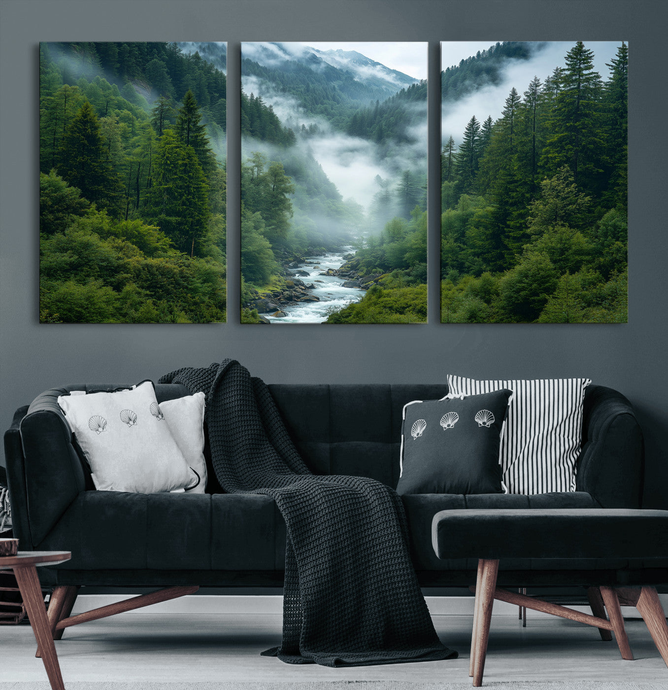 69453-MGV-CV-60X30-3P-Mountain Forest Wall Art – Misty River and Evergreen Landscape Canvas Print, Nature Photography Poster for Living Room, Bedroom,