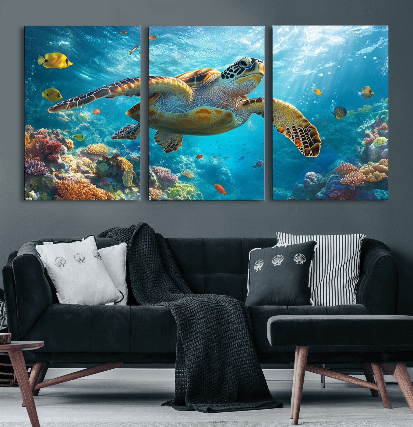 37623-MGV-CV-60X30-3P-Sea Turtle Wall Art – Underwater Ocean Canvas Print with Coral Reef and Tropical Fish, Marine Life Painting Poster for Living
