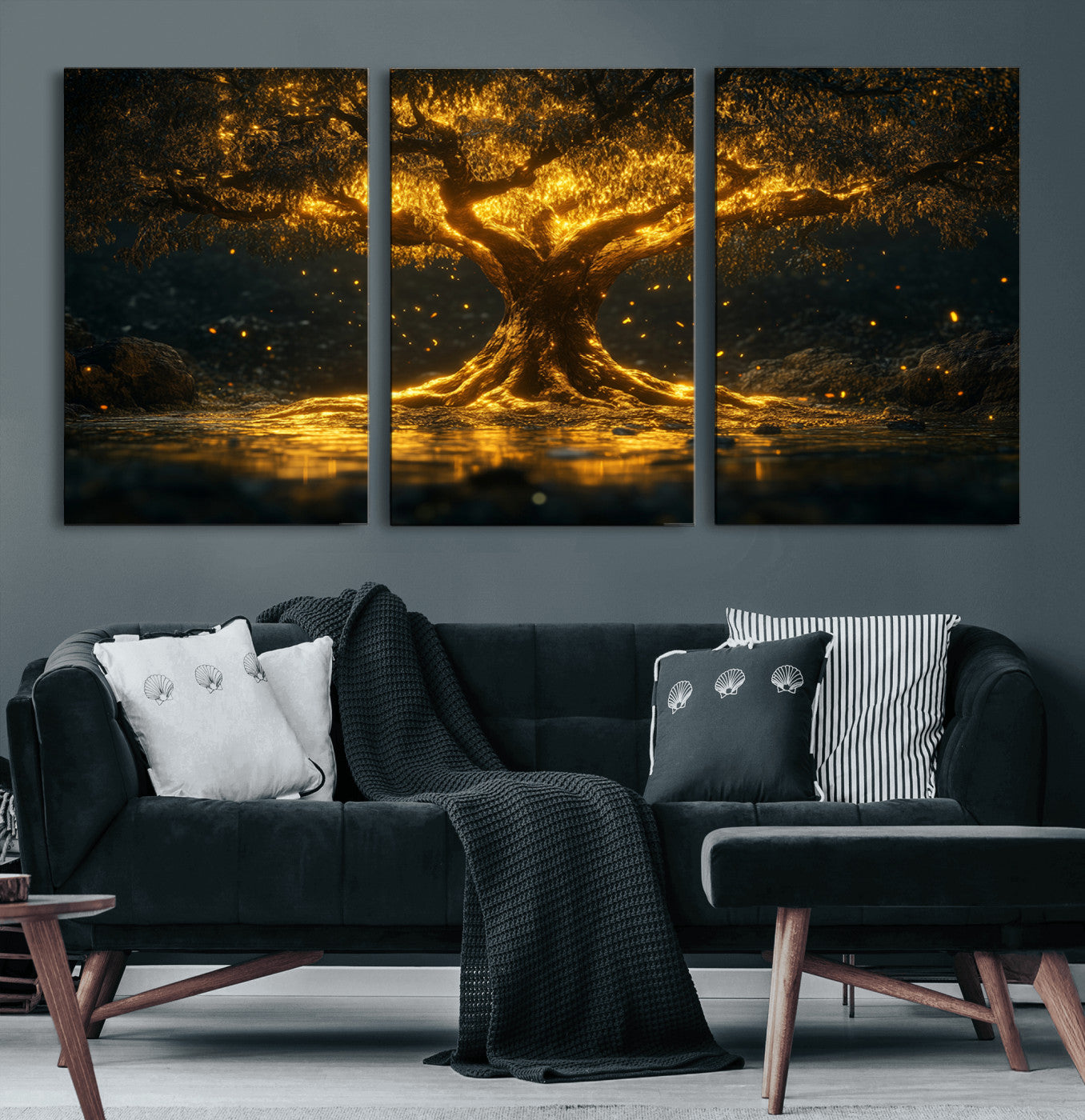 59580-MGV-CV-36X24-Glowing Tree Wall Art – Golden Fantasy Nature Canvas Print, Mystical Illuminated Tree Painting Poster for Living Room, Bedroom,