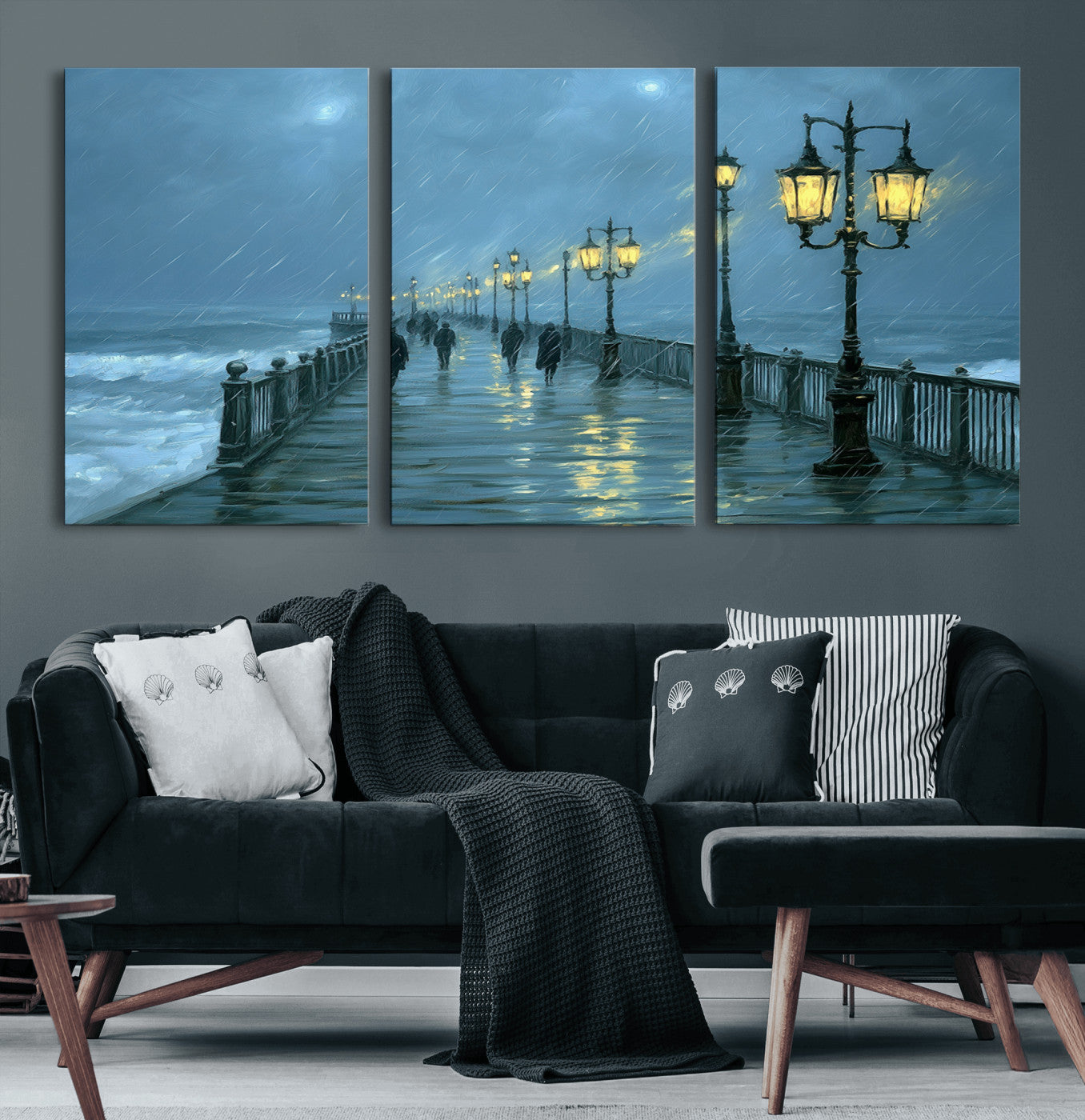79606-MGV-CV-36X24-Rainy Pier Night Wall Art – Ocean Waves and Street Lamps Canvas Print, Moody Seascape Oil Painting Poster for Living Room,