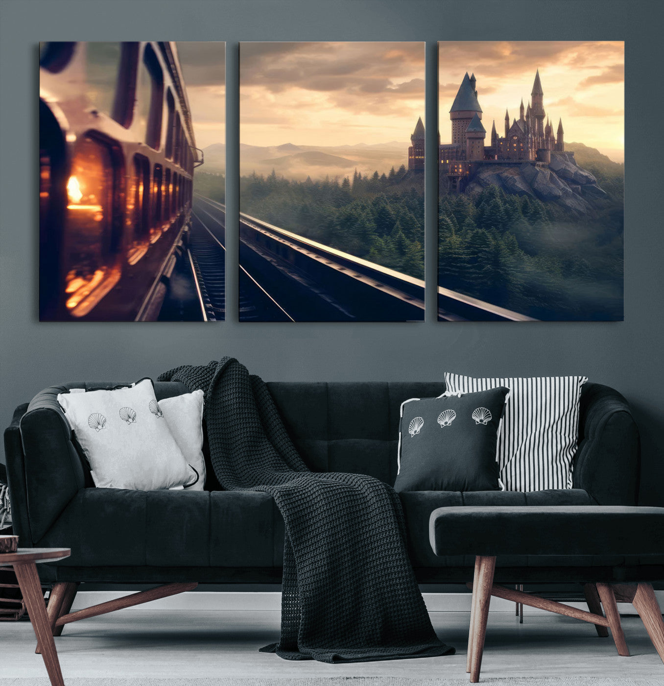 84029-MGV-CV-36X24-Fantasy Castle Wall Art – Magical Train Sunset Forest Canvas Print, Enchanted Landscape Painting Poster for Living Room, Bedroom,