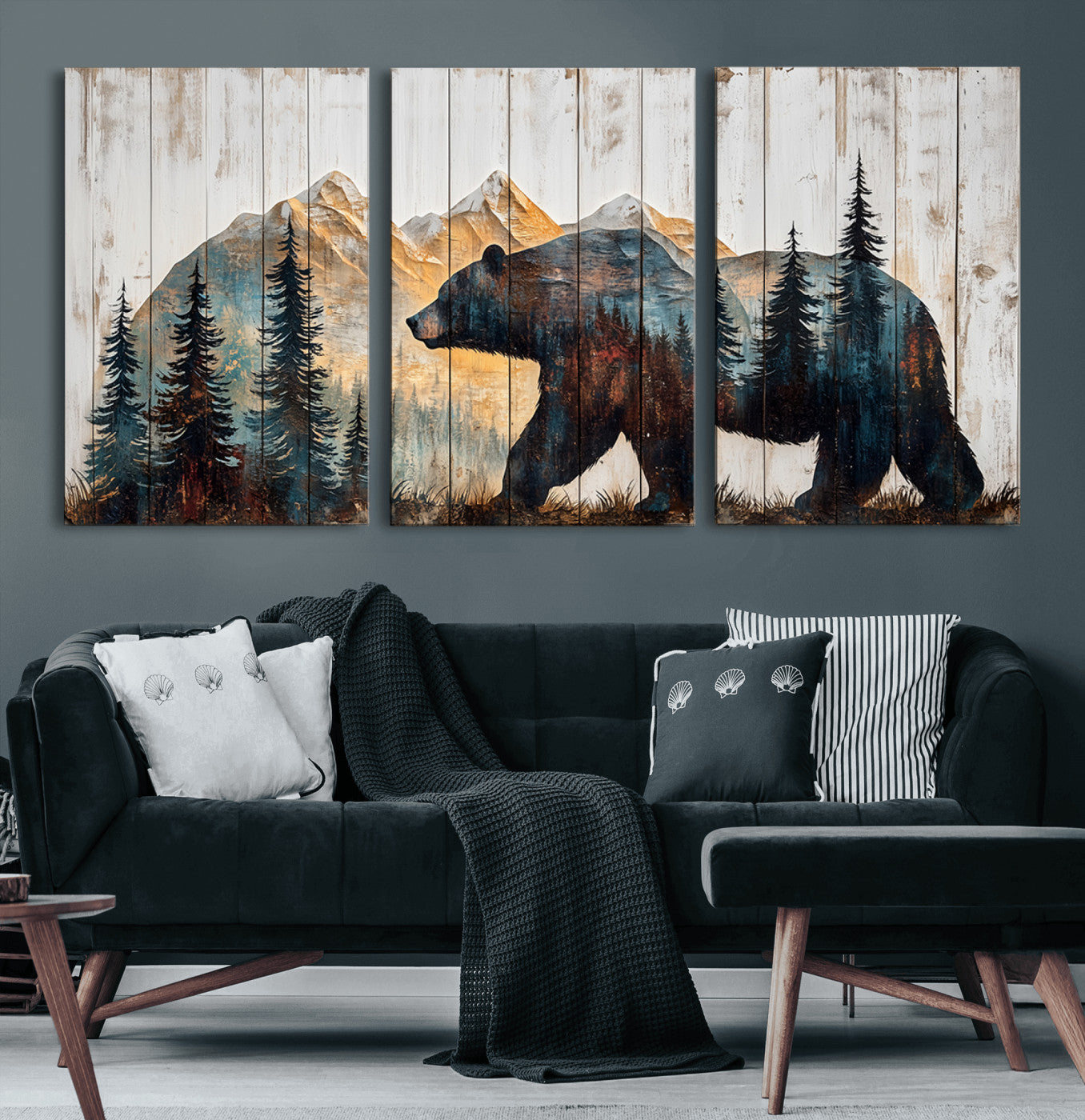 90077-MGV-CV-36X24-Wood Grizzly Bear Wall Art Canvas Print, Framed Abstract Bear Art Picture Print, Bear in Forest Perfect Rustic Lodge Decor Artwork