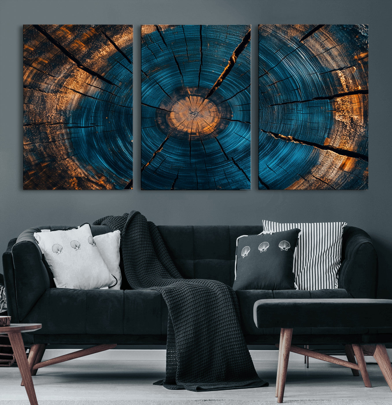13398-MGV-CV-60X30-3P-Tree Ring Wall Art – Abstract Wood Grain Canvas Print with Blue and Orange Accents, Rustic Nature Inspired Artwork for Living